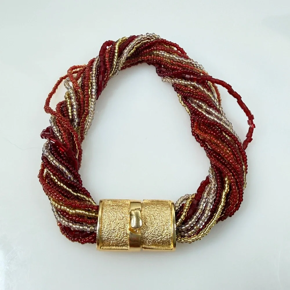 Murano Glass Bracelet Multi Strand Micro Seed Beads Torsade Red Silver Gold 7.25